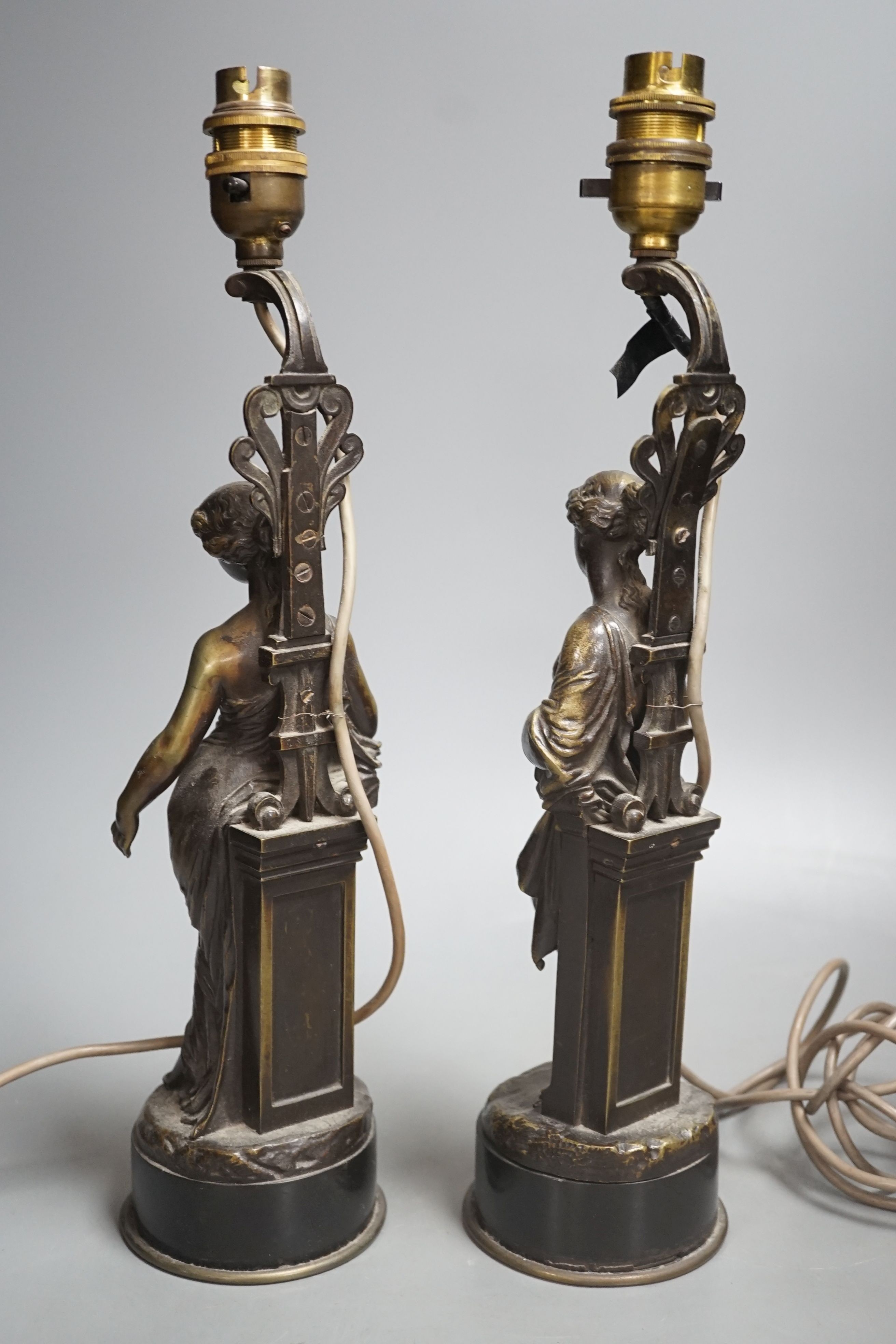 A pair of 19th century bronze figural lamps, total height 39cm